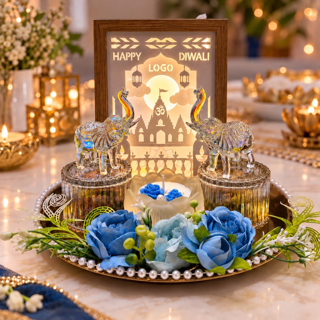 SHUBH AAGMAN with the unwrapped illuminated Happy Diwali box