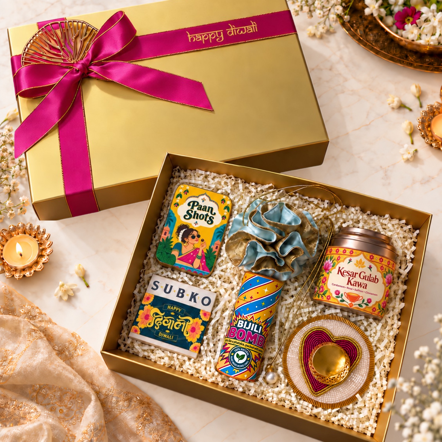 Rang Birangi Diwali golden hamper with magenta ribbon